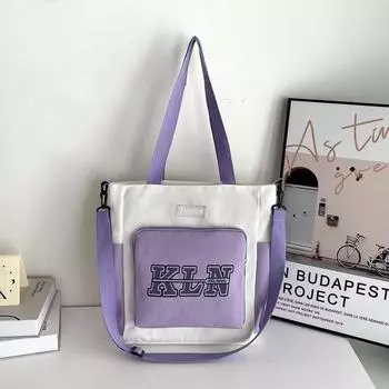 New canvas bag women s shoulder large-capacity handbag ins class student messenger bag versatile contrasting color tote bag фиолетовый