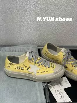 New canvas stars old little dirty shoes soft sole soft surface graffiti comfortable board shoes little white shoes tide 35 жёлтый