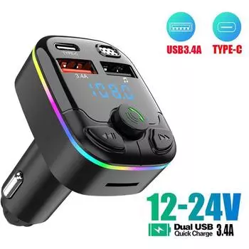 New Car Bluetooth 5.0 FM Transmitter PD Type-C Dual USB 3.1A Colorful Ambient Light Handsfree MP3 Modulator Player чёрный