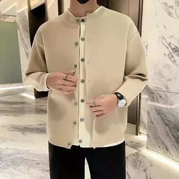 Новый кардиган свитер в американском ретро-стиле, повседневный свободный стиль, круглый вырез, мужской однотонный свитер M хаки