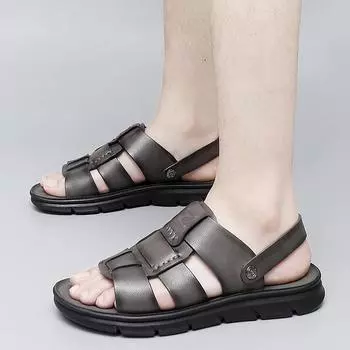 New Casual Comfort Sandals Summer Genuine Leather Men s Dual-use Sandals Man s Beach Vacation Shoes Soft Sole Non-slip Slippers 38 чёрный