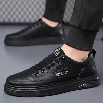 New Casual Leather Skate Shoes Handmade Casual Shoe New Arrival Male Outdoor Shoes Versatile Flats All-match Lace-Up Sneakers 38 чёрный