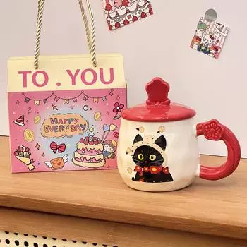 New Cat Mug Retro Design Ceramic Water Cup with Lid Gift Box with Handheld Gift Premium Feel Cartoon Girl Ceramic Material Mugs 301-400ml
