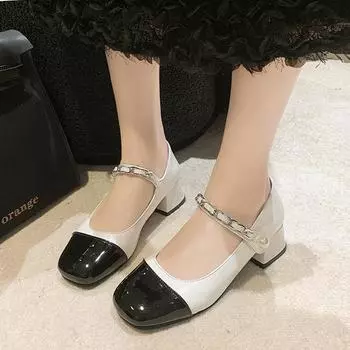 New Chain Pearl Mary Jane Shoes Women s Thick Heel Square Toe Single-band Buckle French High Heels Female Versatile single shoes 3.5