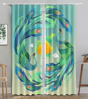 Новые дешевые розовые цветы, рыбы, зеленые павлины, занавески для спальни, окна отеля, 2 панели, высокие затенения, новые модные различные цветовые узоры W55 X H120cm X 2&HOOK