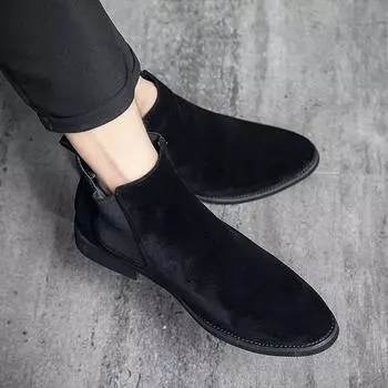 New Chelsea Boots Flock Black Blue Business Wedding Handmade Men Short Boots Size 38-48 Botas Cuturno Masculinas 38 чёрный