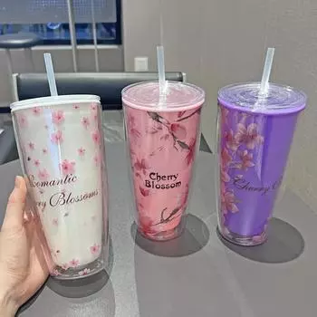 New Cherry Blossom Double Plastic Cup Couple Straw Cups Wholesale Easy Mug Internet Celebrity High Value Water Drinkware 760ml фиолетовый