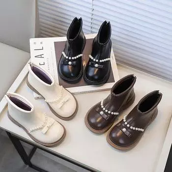 new Children Beige Ankle Boots Fashion Sweet Versatile Autumn Boots for Girls Causal Elegant Kids Short Leather Boots Non-slip 26 чёрный