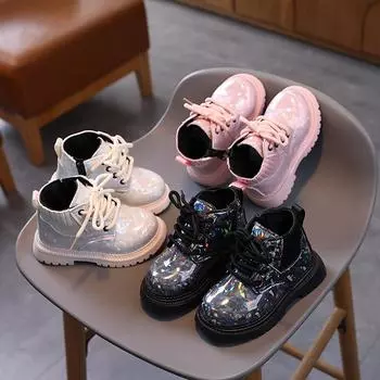 New Children s Autumn Boots Glossy PU Leather Girl s Ankle Boot Fashion Versatile Kids Causal Short Boots Thick Bottom Zipper 21 белый