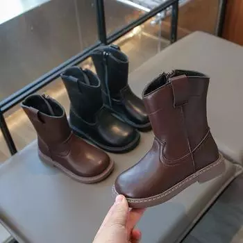 New Children s Boot Spring Autumn Versatile Retro Black Boots for Girl Non-slip Patchwork Kids Fashion Ankle Boots Side Zipper 26 коричневый