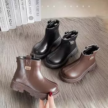 New Children s Boot Winter Warm Girls Black Boots School Versatile Thick Bottom Kids Fashion Ankle Cotton Boots Non-slip Causal 26 коричневый