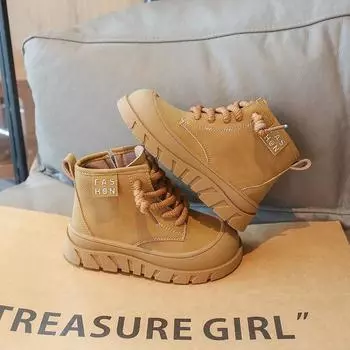 New Children s Platform Ankle Boots Girls Boots Fashion Patchwork Versatile Kids Causal Leather Boots Thick Bottom Side Zipper 26 хаки