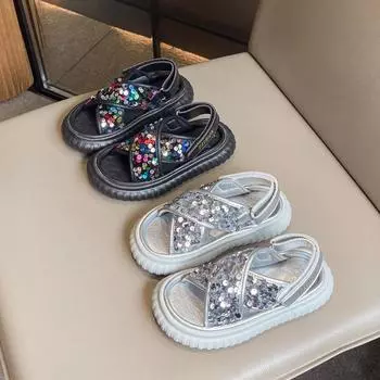 New Children s Sandals Summer Causal Toddlers Girls Sequins Shoes Fashion Versatile Kids Thick Bottom Sandals Open-toe Non-slip 26 чёрный