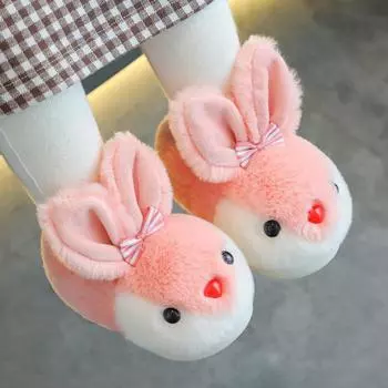 New Children s Slippers for Home Cute Rabbit Winter Shoes for Girls Fashion Cartoon Warm Fluffy Kids Causal Boys Cotton Slippers 22-23 кофейный