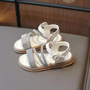 Новые детские летние сандалии с открытым носком, элегантные туфли для девочек, модные детские повседневные черные римские сандалии со стразами 23 бежевый
