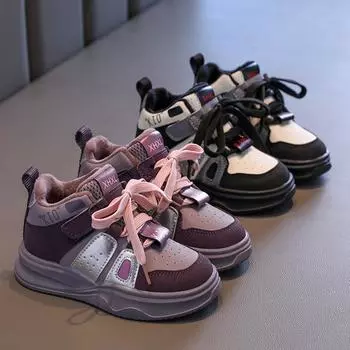 New Children s Winter Sneakers Thick Bottom High-top Girl s Sneakers Fashion Causal Warm Kids Versatile Boys School Cotton Shoes 27 фиолетовый