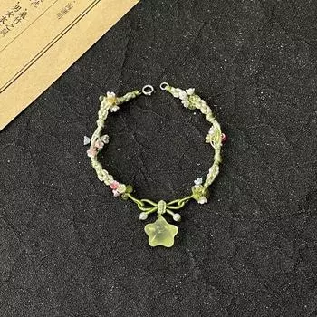 New Chinese Advanced Summer Ice Penetration Little Star Green Crystal Colorful Small Flower Woven Carrying Strap All-Match Personalized Necklace Women Green Flower Star Woven Rope Bracelet M