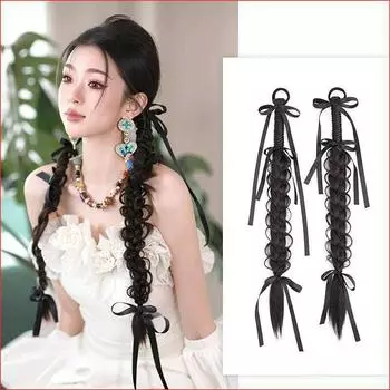 New Chinese Bride False Braids Female Xiuhe National Style Fishbone Plaits Morning Gowns Braided Hair Modeling Ribbon Wig Horse Tail Guofeng Fish Bone Braid-Nature Black [Pair]]