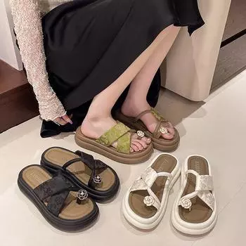 New Chinese camellia set toe muffin wearing sandals beach fashion one-word thick-soled French versatile summer women 35 чёрный