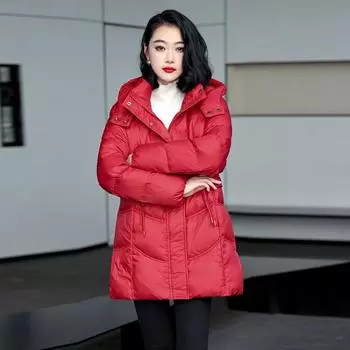 New Chinese down jacket women s medium length 2024 winter new hooded waist buckle thickened white duck down warm jacket S чёрный