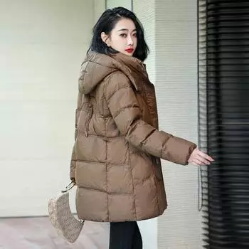 New Chinese Down Jacket Women s Medium Length 2025 Winter New Hooded Waist Buckle Thickened White Duck Down Warm Jacket S