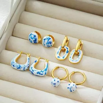 New Chinese Style Ceramic Ear Buckle Jewelry Accessories Hoop Earrings Girls Style A