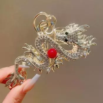 New Chinese Style Dragon Rhinestones Hair Claw Clips for Women Hairpin with Red Imitation Pearl Grab Clip Temperament Shark Clip