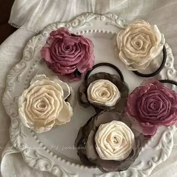 New Chinese Style Flower Hair Rope Fashion Design Acrylic Hair Claw Retro Rose Hair Claw Women Pink-Hair Rope