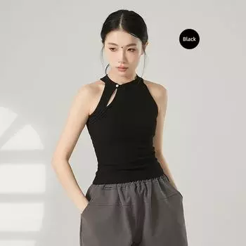 New Chinese Style Hollow-out Buckle Hanging Neck Knitted Cami Women Summer Temperament Slim fit Short Top Yoga Vest Black XXL