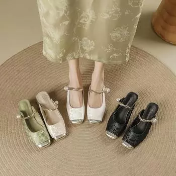 New Chinese style Mary Jane slippers women s 2024 new printed bag head slippers summer one-word with outer slippers 34 оливковый