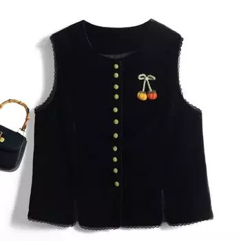 New Chinese Style National Style Retro High-Grade Contrast Color Vest Vest Women Autumn New Lace Split Retro Short coat Black 4XL