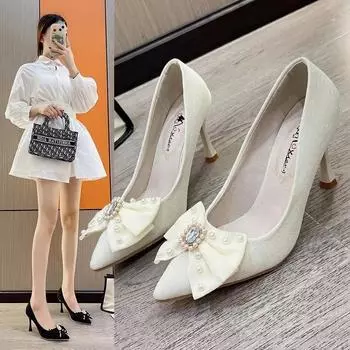 Новые женские туфли в китайском стиле со стразами и бантом, на тонком каблуке, с высоким каблуком, с цельным лифом и темпераментом 34 бежевый