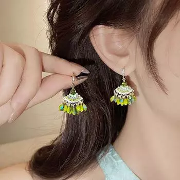New Chinese Style Silver Wind Chimes Tassel Earrings Women s National Style Unique Beautiful Earrings Fancy 2025 New Earrings Summer New Chinese Green Crystal