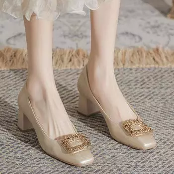 New Chinese style single shoes women s thick heel spring and summer new rhinestone square buckle middle heel with cheongsam square head soft leather h 34