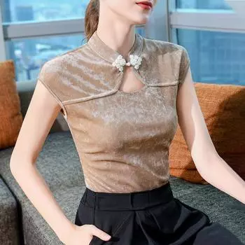 Новый топ с воротником-стойкой на пуговицах в китайском стиле, новая рубашка с зауженным низом на начало осени, футболка с короткими рукавами в китайском стиле S