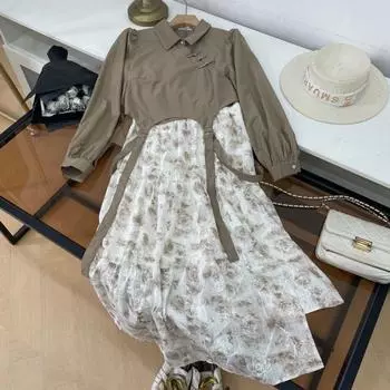New Chinese Style Stylish Patchwork Dress Women s Spring New Arrival Fancy Slimming Elegant Dress C#16 Khaki M