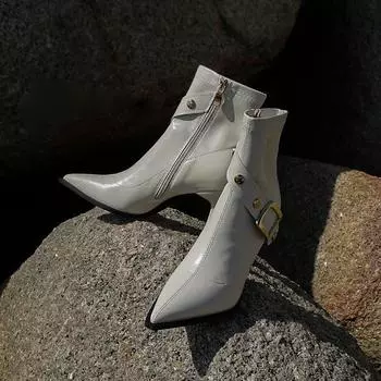 New Chinese temperament women s niche design pointed short boots thickened buckle high heel fashion boots side zipper spring and autumn 40 бежевый