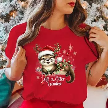 New Christmas All The Otter Reindeer T Shirt Women Casual Personality Round Neck Short Sleeve Fashion Christmas S