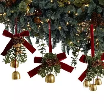 New Christmas Bell Ornament Velvet Bow Christmas Pinecone Small Bell Pendants Fashion Xmas Hanging Jingle Bells Home Decor Gifts As shown