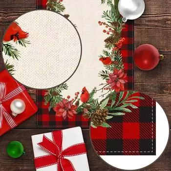 New Christmas Cardinal Table Runner Buffalo Plaid Check Poinsettia Holly Xmas Win
