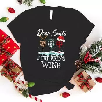 Новые рождественские футболки с надписью «Дорогой Санта, просто принеси вино» для мужчин, летняя футболка унисекс, повседневная, с коротким рукавом и круглым вырезом S