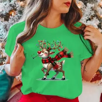 New Christmas Elk Printed T-Shirts Men Women Summer Tee Shirt Femme Casual Elk Short Sleeve Round Neck Tops Christmas T-Shirts S