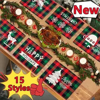 New Christmas Placemats Red Green Plaid Placemats Reversible Heat-Resistant Santa Claus Place mat for Xmas Home Decoration Gifts 32x45 cm&1PC