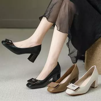 New Chunky Heel Women Pumps 2024 Spring Metal Buckle Luxury Design Shoes for Women Mary Jane Shiny Rhinestones Mules High Heels 35 чёрный