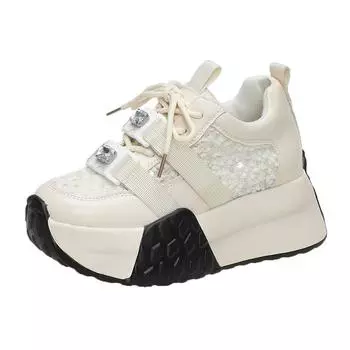 New Chunky Leather Women Bling Casual Shoes 6CM High Platform Wedge Heels Sneakers Female Women Spring Autumn Skateboard Shoes 34 бежевый