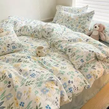 New Class A Double Yarn Quilt Cover Washed Cotton and Hemp Tea Extract Cotton Single Bedding Set Printed Cartoon Bedding 220x240 150x200cm 1pcs