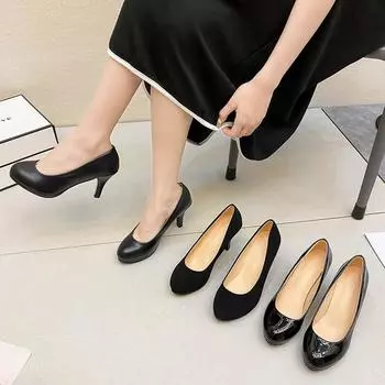 Новые классические профессиональные женские туфли с мелким вырезом, круглым носком, толстой подошвой, нескользящие, черные, на толстом высоком каблуке, рабочие туфли 35