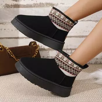 Новые классические утолщенные пушистые женские зимние сапоги, модные теплые ботильоны в этническом стиле для женщин, зимние женские ботинки на толстой подошве 36 чёрный