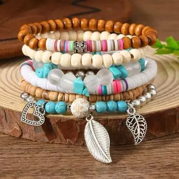 New Coconut Shell Wood Beads Beaded Soft Pottery Pearl Stone Leather Men s and Women s Bracelets Bracelets 6-piece Set разноцветный