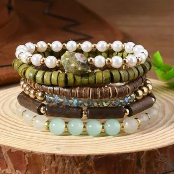 New Coconut Shell Wood Beads Beaded Soft Pottery Pearl Stone Leather Men s and Women s Bracelets Bracelets 6-piece Set разноцветный